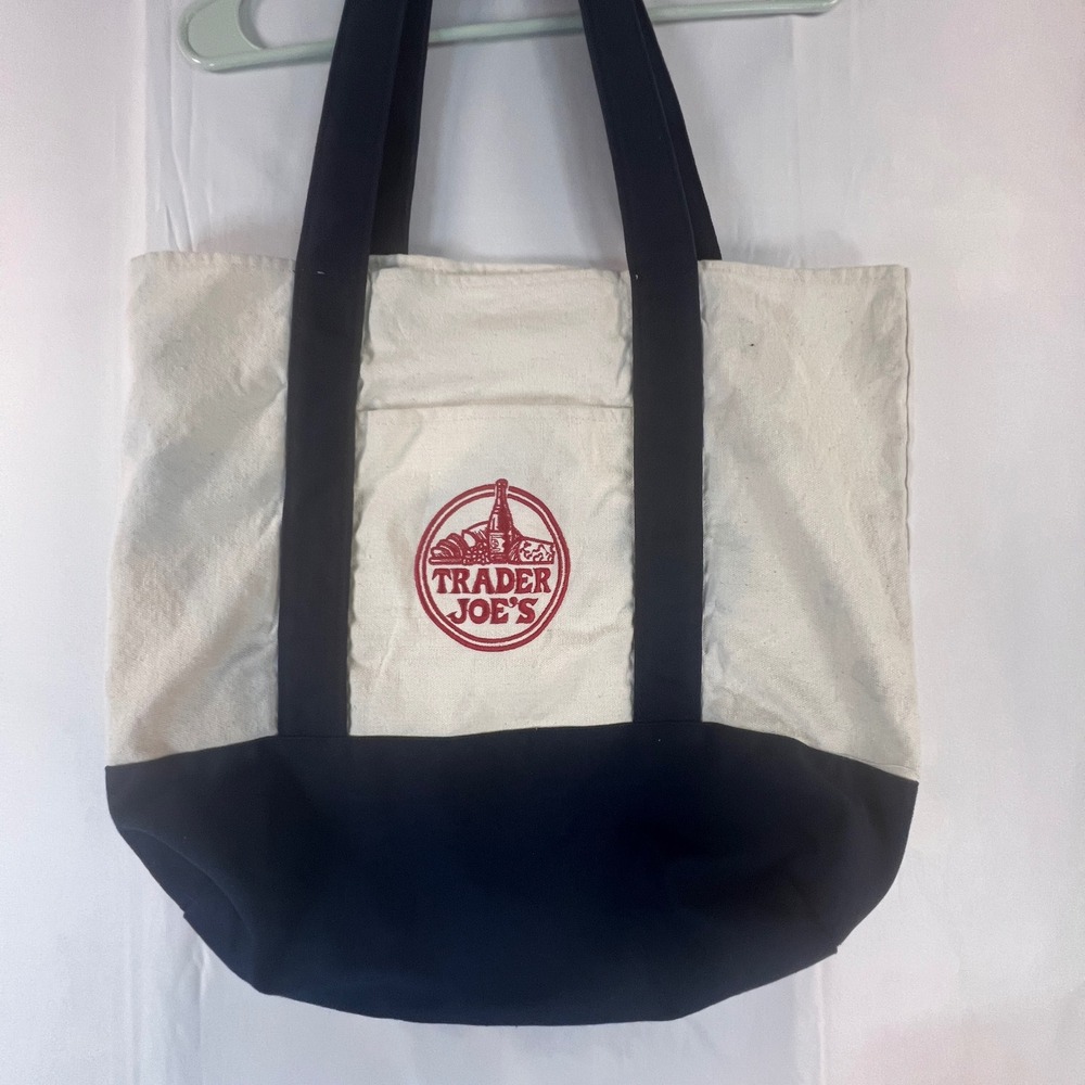 Trader Joe's Canvas Tote Bag Navy Cream Reusable Grocery Shopping Bag Pocket